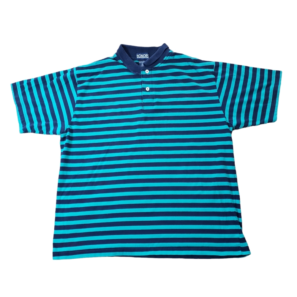 Vintage Striped Retro Tee 90's Blue Shirt Throwback Polo Collar Honors XL
